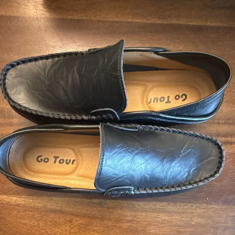 Go Tour Men's Black Leather Slip-On Loafers Round Toe US 8 M 170-20138-41